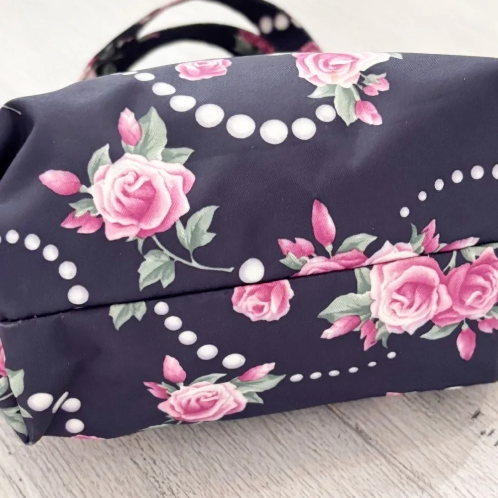 LADURÉE Women’s Black Pink Rose Pearl Print Tote Bag Purse 9.5” X 6.5” X 3.5”